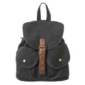 Vintage style casual black denim backpack featuring brown faux leather buckle straps - Black