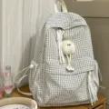 Checkered school backpack with plush monster charm and rope tassels for students - With Spirit Pendant / White