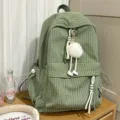 Stylish green ribbed textured backpack featuring a cute white plush pom pom keychain charm - With Spirit Pendant / Green