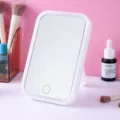 Minimalist white desktop LED makeup mirror with three-color light and touch sensor - White