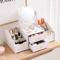 White desktop makeup organizer storage box with drawers and cat-ear vanity mirror - Large-Round / White