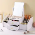 Organisateur de maquillage de bureau blanc avec miroir et deux tiroirs à cosmétiques. - Style Miroir Carré