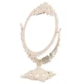 European vintage rotatable desktop makeup mirror with ornate floral beige frame. - White