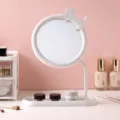 Specchio da trucco da tavolo a forma di gatto con supporto bianco e base portaoggetti. - Bianco