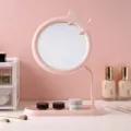 Specchio per trucco da scrivania rosa a forma di gatto con base portaoggetti - Rosa