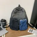 Vintage washed denim backpack with blue and black contrast pockets for daily travel - Letter F / Gradient Black