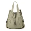 Lightweight sage green nylon drawstring tote bag featuring dual shoulder straps and top handles - M / Milk Tea