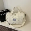 Quilted lightweight travel duffel bag stylish casual shoulder sports fitness bag in beige. - White