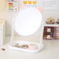 White desktop makeup mirror featuring cute pink cat ears and a jewelry storage tray - Cat Ears Shape / Cat Ear White