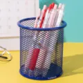 Minimalist blue hollow mesh metal pencil holder for organized office and school desk setup - Round / Blue