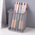 Silver metal mesh square pen holder desktop organizer filled with pastel color gel pens - Square / Silver