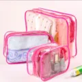 Three-piece transparent PVC makeup bag set with pink zipper and waterproof design - L / Rose Red