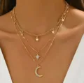 Collana tripla dorata da donna con ciondoli a stella e luna scintillante e pavé - Stile Luna Stella con Strass a 3 Strati