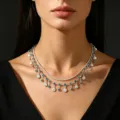 Collana a doppio strato con cristalli blu e ciondoli a conchiglia argentati su modella - Collana / Argento