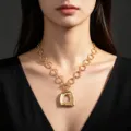 Primo piano di una collana a catena dorata retrò con grande ciondolo geometrico. - Stile Catena Grossa (01) / Oro