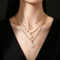 Collana dorata a strati con ciondoli a stella marina e conchiglia e perle - Stile Triplo Strato Catena Sottile Oro Stella Marina e Conchiglia (5)