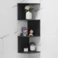Sleek black 3-tier corner floating shelf mounted on white marble wall for storage - 4-Tier Shelf / Black