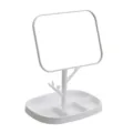 White desktop makeup mirror with storage tray base and jewelry tree holder - White