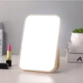 Elegant cream-colored folding desktop makeup mirror with rounded rectangular frame - Small Style / Nordic Beige