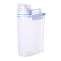 Transparent plastic food storage container with measuring cup lid and blue handle - White