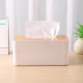 Modern minimalist white tissue box with a natural wooden lid for desktop storage and decor - Rectangle