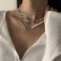 Vintage-style layered silver-tone chain necklace with rhinestones and baroque pearls - Triple Layer Rhinestone Pearl Necklace / Silver