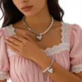Elegant silver heart pendant necklace and bracelet set with faux pearls and beads - Heart Pendant Necklace And Bracelet Set (02) / Silver