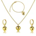 Polished gold heart jewelry set including necklace bracelet and earrings details - 03 Heart Necklace Earrings Bracelet Three Piece Set / Gold