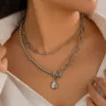 Retro Baroque double layered silver chain necklace featuring irregular pendant detail - Vintage Multi-layer Toggle Necklace / Silver