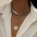 Silver layered necklace set with Baroque irregular pearls and vintage coin pendant - Vintage Coin Baroque Pearl Layered Necklace / Silver