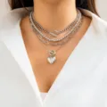 Layered silver chain necklace with heart pendant for women, bohemian retro style - Four Layer Toggle Clasp Heart Necklace / Silver