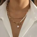 Retro Baroque style irregular pearl layered necklace with gold chain for women's elegant fashion - Pearl Layered OT Clasp Teardrop Necklace / Gold