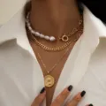 Elegant multi-layered vintage necklace with Baroque irregular pearls, gold chains, and a coin pendant - Vintage Coin Baroque Pearl Layered Necklace / Gold