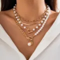 Multi-layered gold-tone chain necklace set with vintage Baroque irregular pearls - Multi-layer Snake Bone Pearl Coin Necklace / Gold