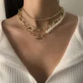 Elegant multi-layered gold link chain necklace featuring baroque pearls and sparkling stones - Triple Layer Rhinestone Pearl Necklace / Gold