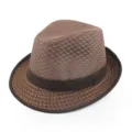 Detailed view of a brown breathable mesh fedora jazz hat with a stylish decorative band - One Size / Coffee Fedora Hat / Coffee