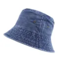 Side view of a washed blue denim bucket hat for sun protection and outdoor style - One Size / Navy Blue