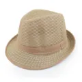 Detailansicht des atmungsaktiven Mesh-Gewebes dieses stilvollen khakifarbenen Fedora-Hutes - Khaki