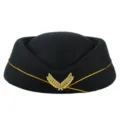 Premium black wool stewardess pillbox hat featuring detailed golden laurel leaf emblem - Black