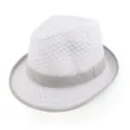Classic white mesh fedora hat with a grey ribbon band, breathable summer jazz style - One Size / Light Grey Fedora Hat / Light Gray
