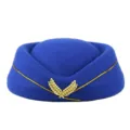 Detailed view of professional blue air hostess pillbox hat with elegant gold leaf emblem - Blue