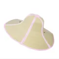 Detailed view of a foldable wide-brim straw sun hat with pink striped trim. - One Size / 45 Brim / Pink