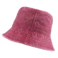 Close-up view of a professional wine red washed denim bucket hat with metal ventilation eyelets - One Size / Burgundy