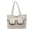 Off-white corduroy tote bag with brown trim for women's daily commute - White