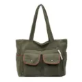Large capacity olive green corduroy tote bag with front pockets and brown trim for work - Green