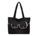 Large black corduroy tote bag with brown trim and front pockets for women daily commute - Black