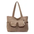 Stylish women's khaki corduroy tote bag with multiple pockets and large storage capacity - Brown