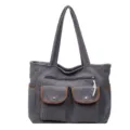 Grey corduroy tote bag with large capacity and double front pockets for women's daily commute - Gray