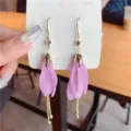 Close-up detail of elegant purple petal tassel earrings with S925 silver studs. - Tassel Petal Style (E3515) / Gold/Purple