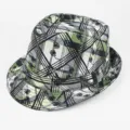 Detail view of a green plaid fedora hat with rose graffiti patterns and street style - One Size (58cm) / Green